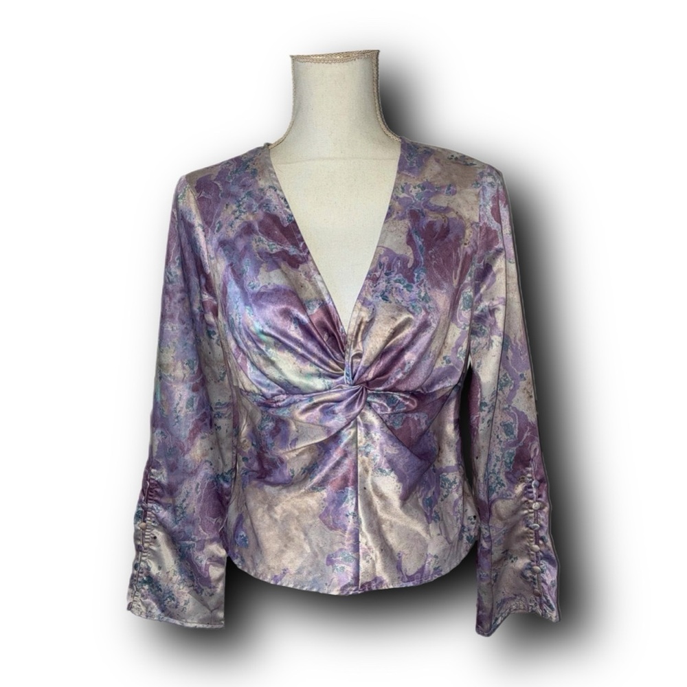 Zara Knotted Front Pastel Marbled Satin Feel Blouse 70s Vintage Vibes